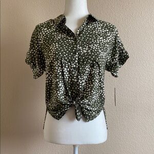 New Olive Green and Daisy Tie Up Button Down Shirt